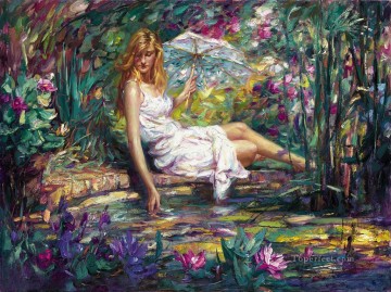Chica de belleza de primavera en el jardín Pinturas al óleo